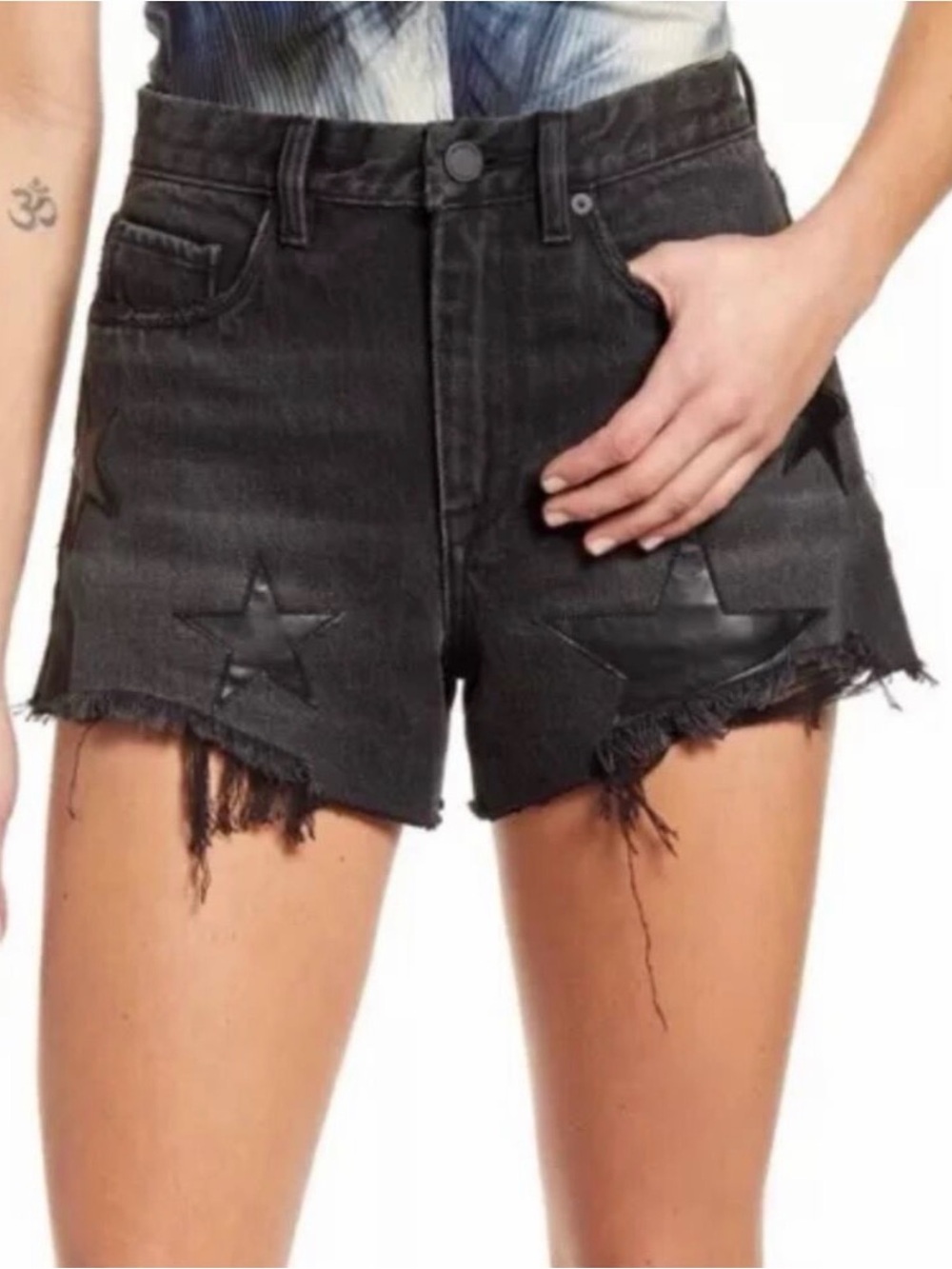 Blank NYC Barrow Vintage High Rise Denim Shorts Black Faux Leather Stars Size 25